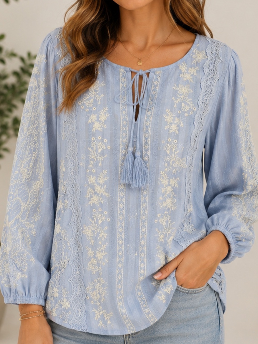 T171 - Savanna Jane Embroidered Cotton Lace Accent Tassel Tie V- Neck Long Sleev